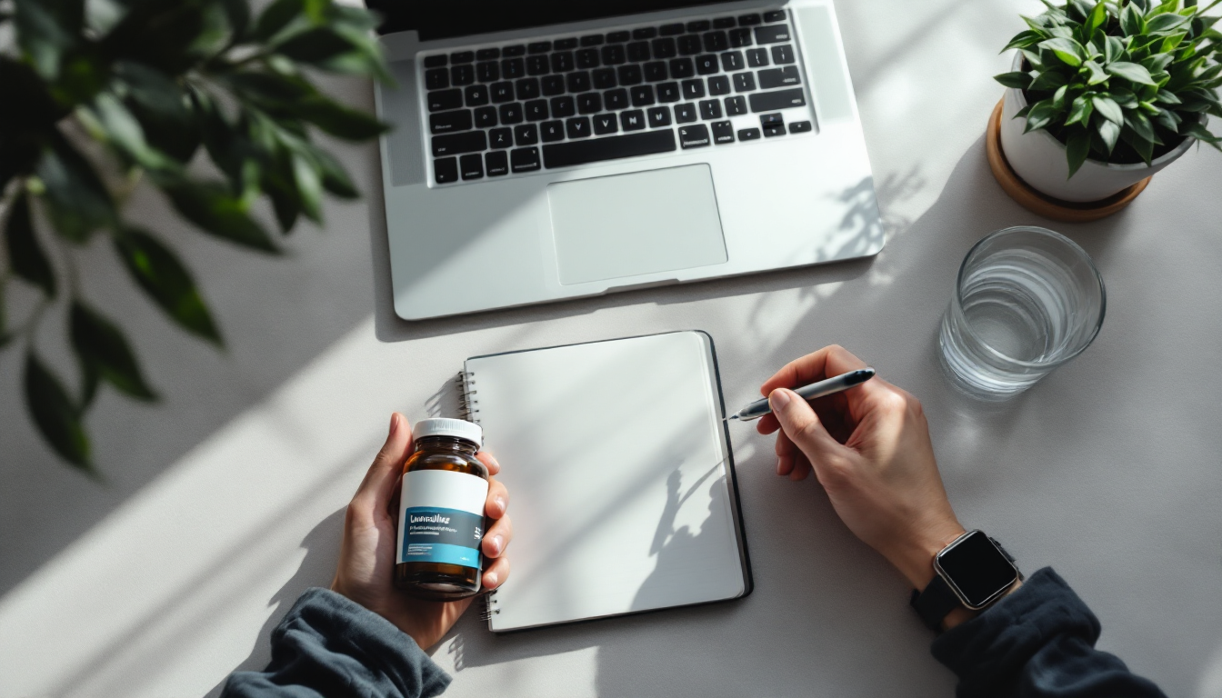 Tasse de thé, pilulier avec capsules, et carnet ouvert sur un bureau, prêts pour une session de travail