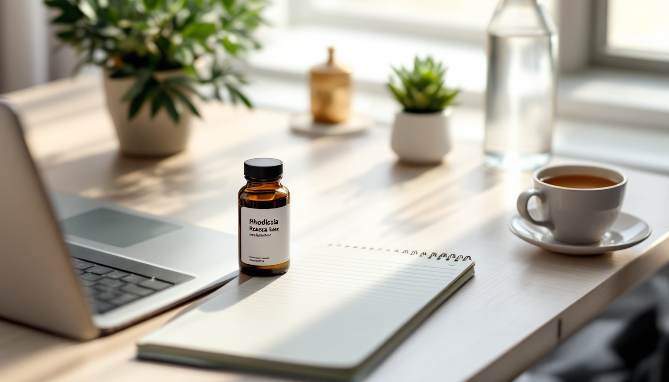 Flacon de compléments à côté de racines séchées de Rhodiola posés sur une table en bois, vue rapprochée